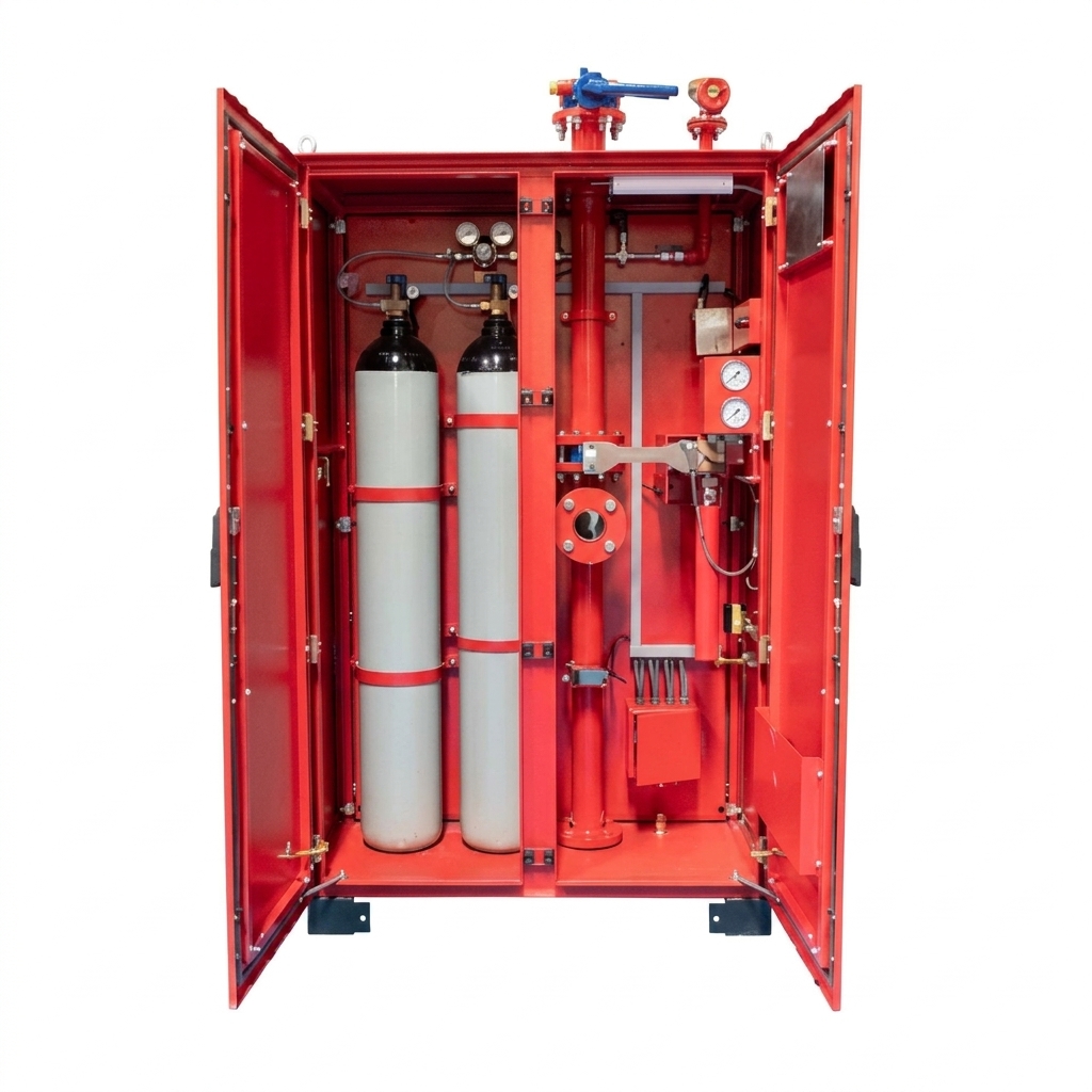 Open weatherproof control cabinet showing dual cylinders, gauges, valves and control circuitry
